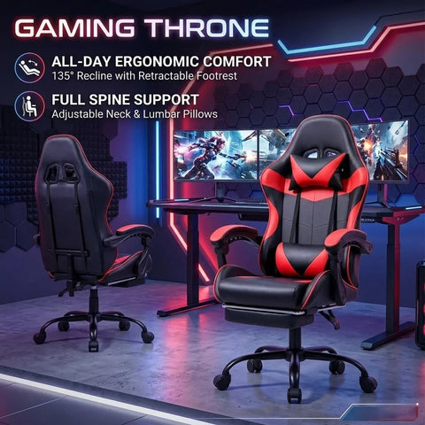Black and Red Gaming Chair with Footrest and Lumbar Support