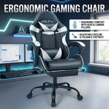 Black and White Gaming Chair with Footrest and Lumbar Support
