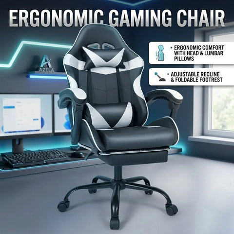 Black and White Gaming Chair with Footrest and Lumbar Support