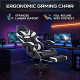 Black and White Gaming Chair with Footrest and Lumbar Support
