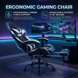 Black and White Gaming Chair with Footrest and Lumbar Support
