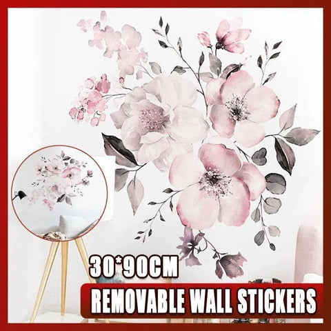 Removable Wall Stickers Watercolour Dusty Pink Flowers Leaves