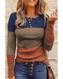 Azura Exchange Lace Splicing Color Block Long Sleeve Top - L