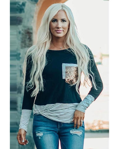 Azura Exchange Sequins Splicing Long Sleeve Top - 2XL