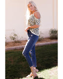 Azura Exchange Snakeskin Leopard Color Block Cold Shoulder T-shirt - L