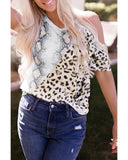 Azura Exchange Snakeskin Leopard Color Block Cold Shoulder T-shirt - L