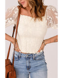 Azura Exchange Lace Mesh Crochet Patchwork Shirred Blouse - L