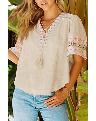 Azura Exchange Tassel Drawstring Embroidered V Neck Top - L