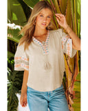 Azura Exchange Tassel Drawstring Embroidered V Neck Top - L