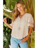 Azura Exchange Tassel Drawstring Embroidered V Neck Top - L