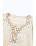 Azura Exchange Tassel Drawstring Embroidered V Neck Top - L