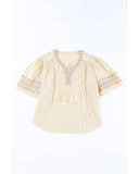 Azura Exchange Tassel Drawstring Embroidered V Neck Top - L