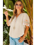Azura Exchange Tassel Drawstring Embroidered V Neck Top - L