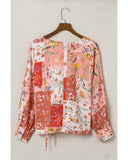 Azura Exchange Floral Print Patchwork Wrap V Neck Blouse - L