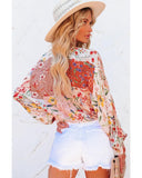 Azura Exchange Floral Print Patchwork Wrap V Neck Blouse - L