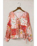 Azura Exchange Floral Print Patchwork Wrap V Neck Blouse - M