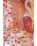 Azura Exchange Floral Print Patchwork Wrap V Neck Blouse - M