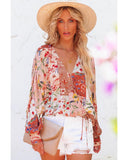 Azura Exchange Floral Print Patchwork Wrap V Neck Blouse - S