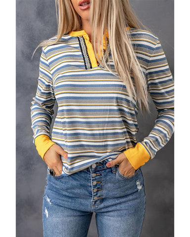 Azura Exchange Button Neck Striped Knit Long Sleeve Top - XL