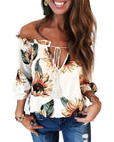 Azura Exchange Floral Off Shoulder Blouse with Ruffled Details and Tassel Tie - L