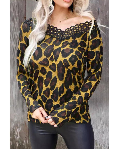 Azura Exchange Lace Splicing Hollow Out Leopard Blouse - XL