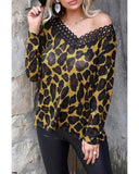 Azura Exchange Lace Splicing Hollow Out Leopard Blouse - XL