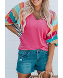 Azura Exchange Bubble Sleeve Stripe Color Block Top - M