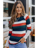 Azura Exchange Striped Lace Splicing Long Sleeve Top - S