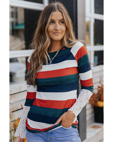 Azura Exchange Striped Lace Splicing Long Sleeve Top - S