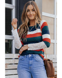 Azura Exchange Striped Lace Splicing Long Sleeve Top - S