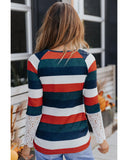 Azura Exchange Striped Lace Splicing Long Sleeve Top - S