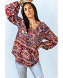 Azura Exchange V Neck Long Sleeve Blouse with Floral Print - S