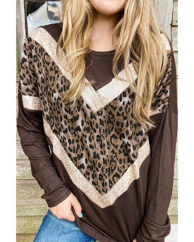 Azura Exchange Sequin Leopard Splicing Long Sleeve Top - M