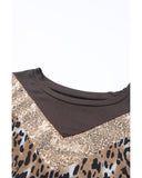 Azura Exchange Sequin Leopard Splicing Long Sleeve Top - M