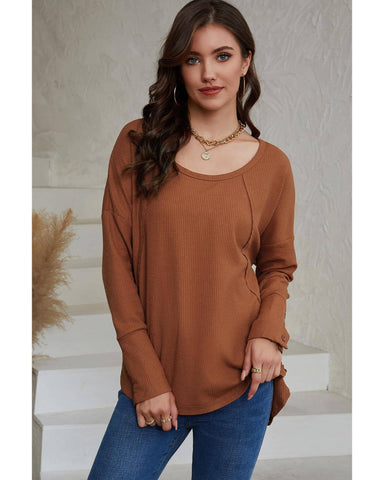 Azura Exchange Waffle Knit Splicing Buttons Long Sleeve Top - XL