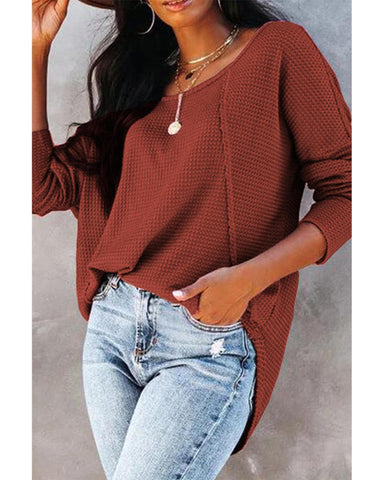 Azura Exchange Spliced Waffle Knit Long Sleeve Top with Button Detail - 2XL