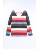 Azura Exchange Striped Mesh Splicing Round Neck Long Sleeve Top - S