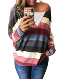 Azura Exchange Striped Mesh Splicing Round Neck Long Sleeve Top - S