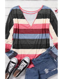 Azura Exchange Striped Mesh Splicing Round Neck Long Sleeve Top - S