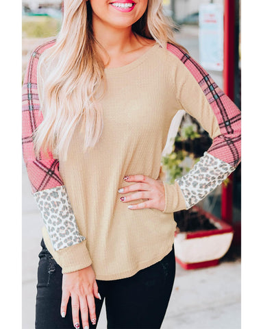 Azura Exchange Checkered Leopard Raglan Sleeve Top - L