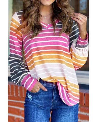 Azura Exchange Gradient Striped Long Sleeve V-Neck Blouse - S