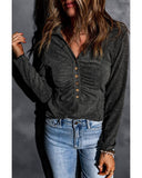 Azura Exchange V Neck Buttons Ruched Long Sleeve Top - S