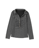 Azura Exchange V Neck Buttons Ruched Long Sleeve Top - S