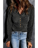 Azura Exchange V Neck Buttons Ruched Long Sleeve Top - S