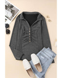 Azura Exchange V Neck Buttons Ruched Long Sleeve Top - S