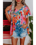 Azura Exchange Abstract Print V Neck Flutter Sleeve Blouse - XL