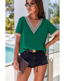 Azura Exchange Lace Trim V Neck Short Sleeve Blouse - XL