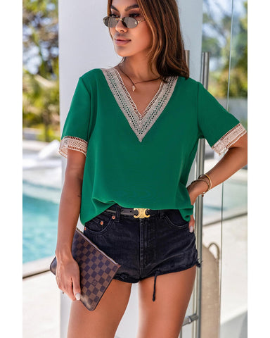 Azura Exchange Lace Trim V Neck Short Sleeve Blouse - XL