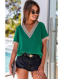 Azura Exchange Lace Trim V Neck Short Sleeve Blouse - XL