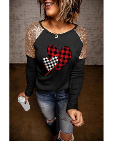 Azura Exchange Plaid Print Sequin Patchwork Long Sleeve Top - S